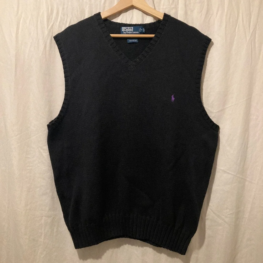 Vintage Polo Ralph Lauren Mens XL Black Cotton V-Neck knit Sweater Vest 90s Pony